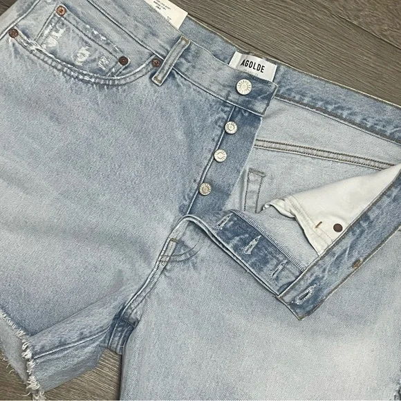 Agolde Parker Long Shorts Jinx Cut Off Hi Rise Denim Jean Light Wash Sz 32 NWT